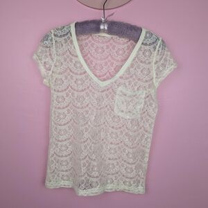 Aeropostale Cream White Scalloped Floral Lace See Through Short Sleeve Top